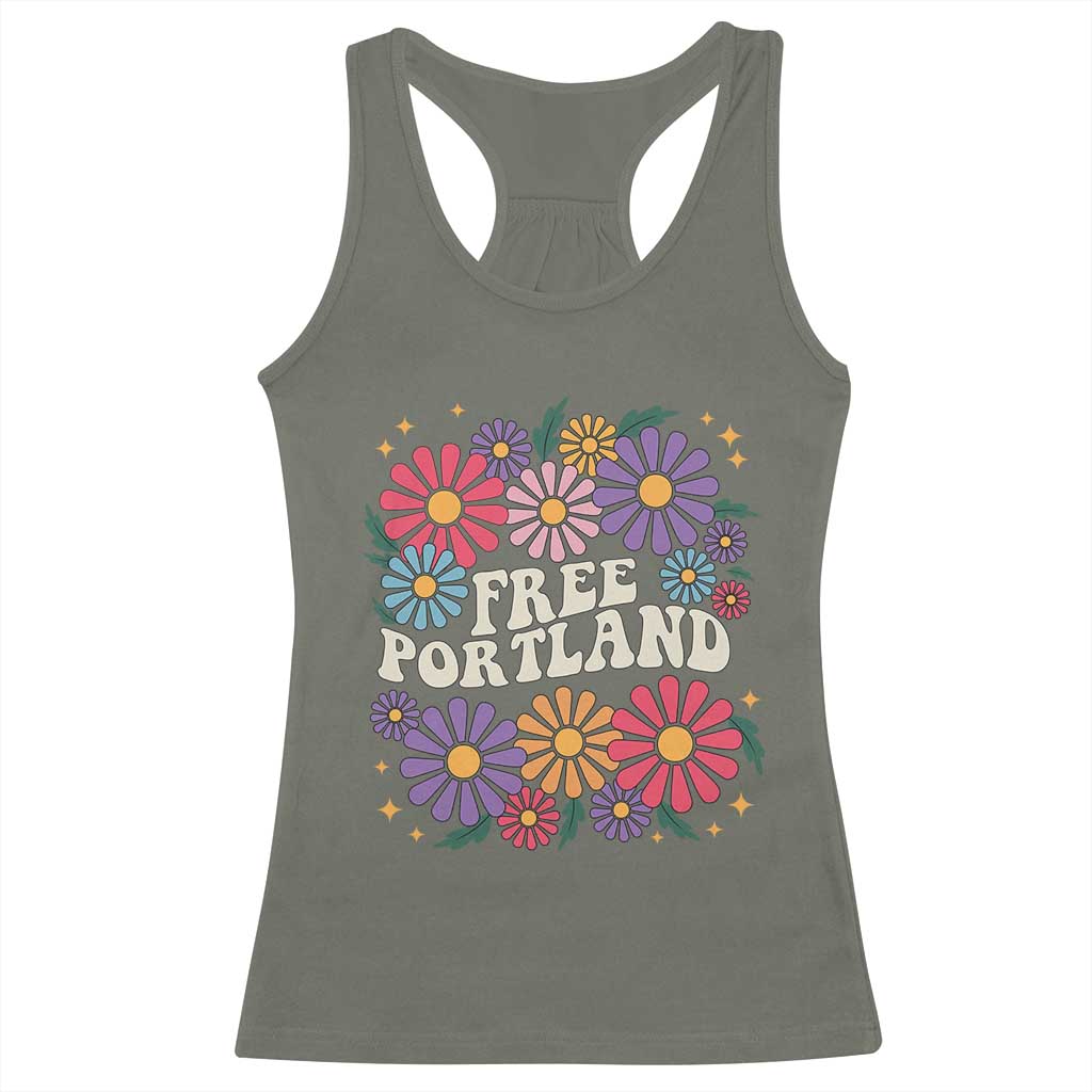 Retro Groovy Free Portland Racerback Tank Top Oregon Freedom Fighter Peaceful Hippie 70s Style TS02 Military Green Print Your Wear