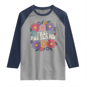 Retro Groovy Free Portland Raglan Shirt Oregon Freedom Fighter Peaceful Hippie 70s Style TS02 Sport Gray Navy Print Your Wear
