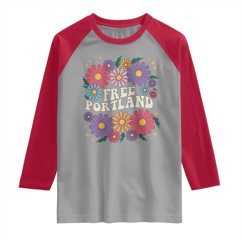 Retro Groovy Free Portland Raglan Shirt Oregon Freedom Fighter Peaceful Hippie 70s Style TS02 Sport Gray Red Print Your Wear