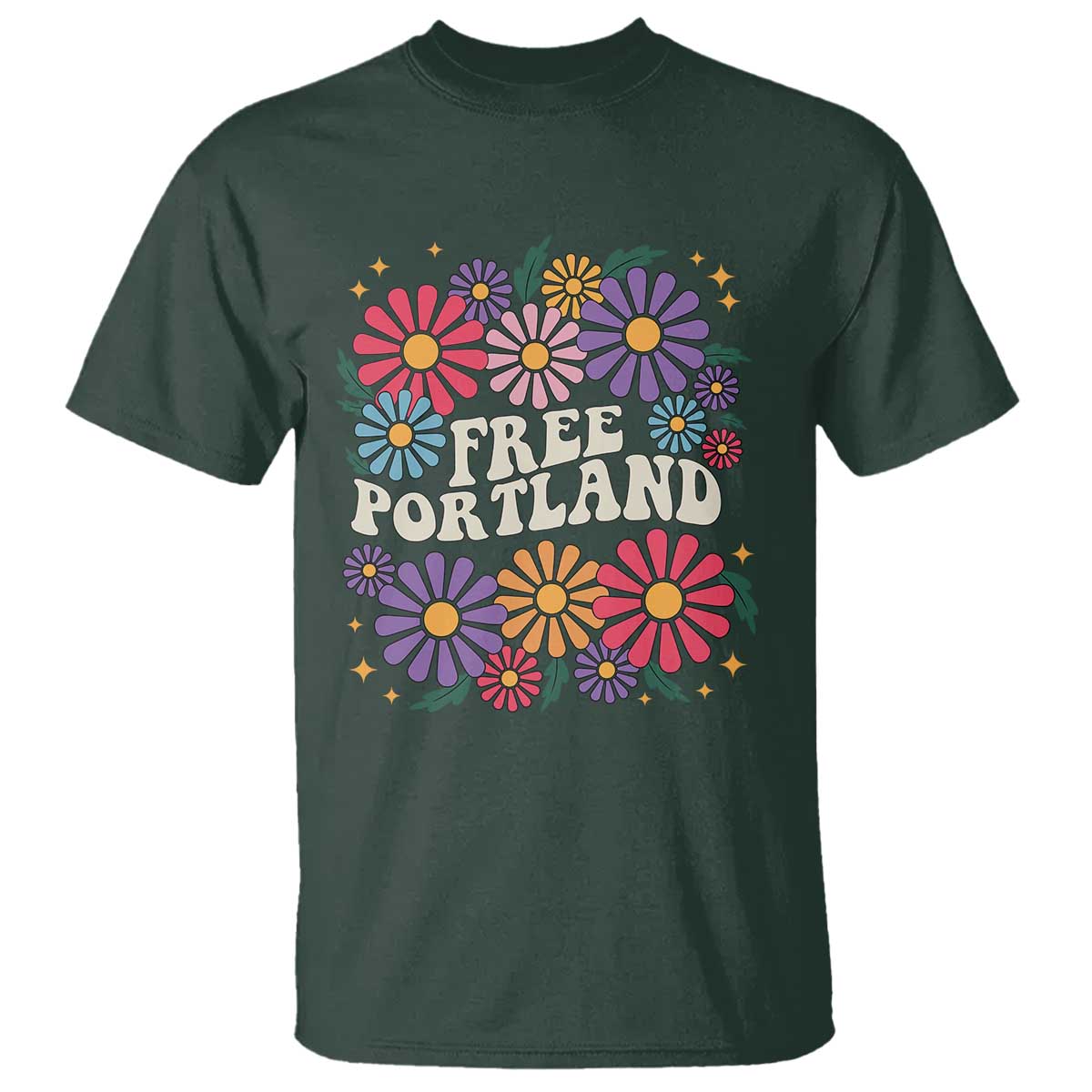 Retro Groovy Free Portland T Shirt Oregon Freedom Fighter Peaceful Hippie 70s Style TS02 Dark Forest Green Print Your Wear
