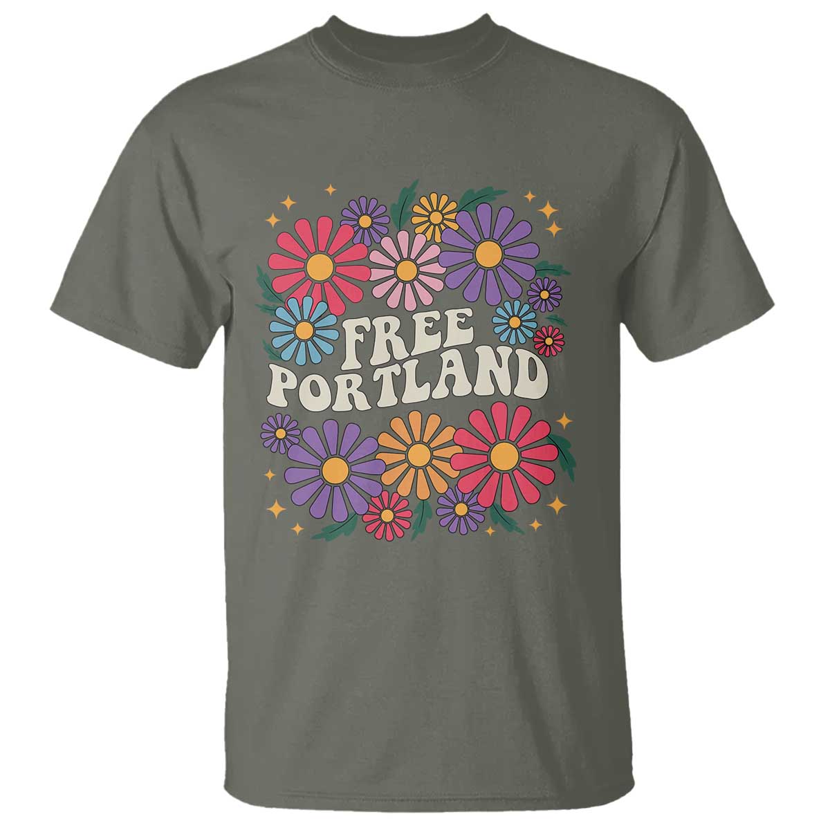 Retro Groovy Free Portland T Shirt Oregon Freedom Fighter Peaceful Hippie 70s Style TS02 Military Green Print Your Wear