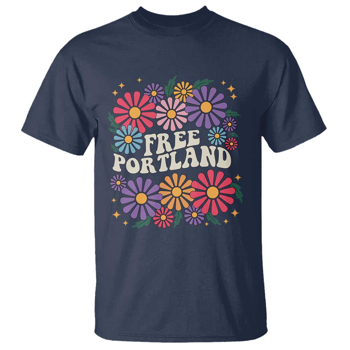 Retro Groovy Free Portland T Shirt Oregon Freedom Fighter Peaceful Hippie 70s Style TS02 Navy Print Your Wear