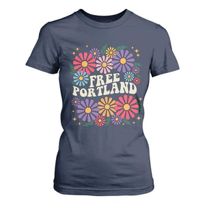 Retro Groovy Free Portland T Shirt For Women Oregon Freedom Fighter Peaceful Hippie 70s Style TS02 Navy Print Your Wear
