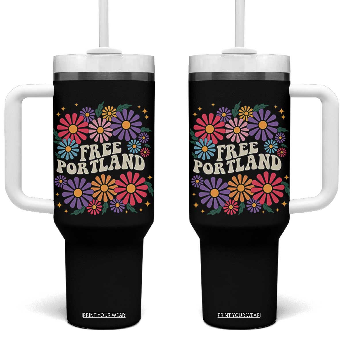 Retro Groovy Free Portland Tumbler With Handle Oregon Freedom Fighter Peaceful Hippie 70s Style TS02 One Size: 40 oz Black Print Your Wear