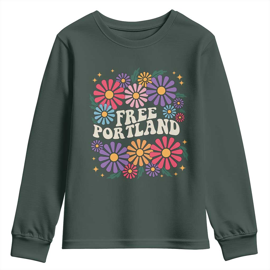 Retro Groovy Free Portland Youth Sweatshirt Oregon Freedom Fighter Peaceful Hippie 70s Style TS02 Dark Forest Green Print Your Wear