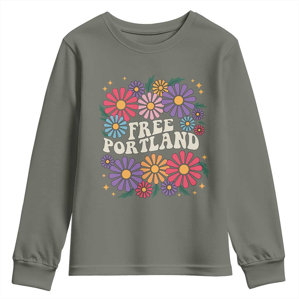 Retro Groovy Free Portland Youth Sweatshirt Oregon Freedom Fighter Peaceful Hippie 70s Style TS02 Military Green Print Your Wear