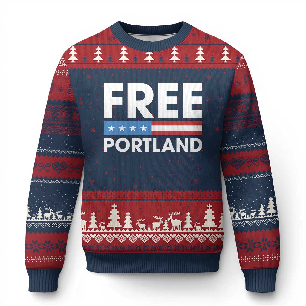 Free Portland Patriotic Ugly Christmas Sweater Bold Political Statement American Flag TS02 Navy Red Print Your Wear