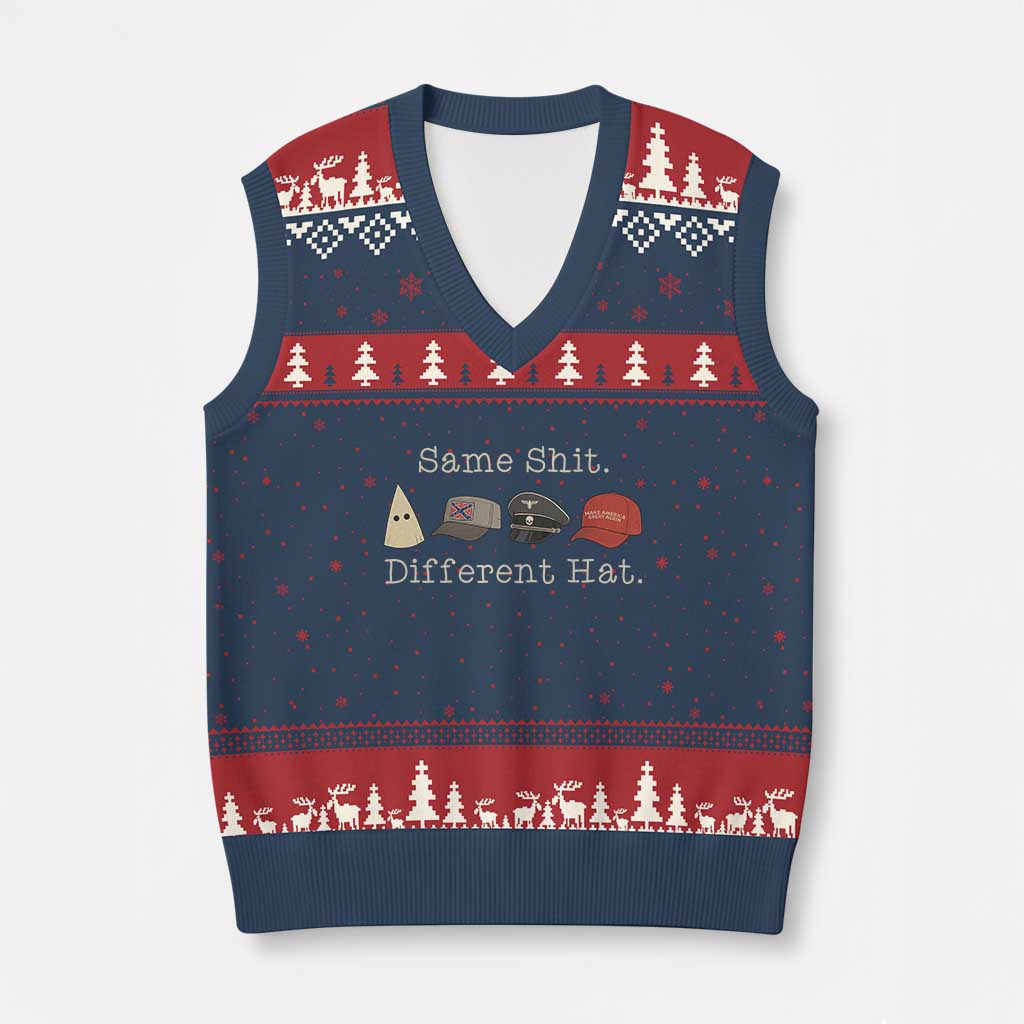 Same Shit Different Hat V-Neck Knit Sweater Vest TS02 Navy Red Print Your Wear