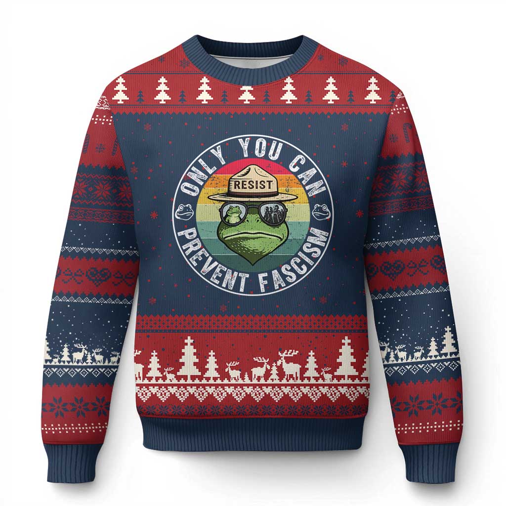 Only You Can Prevent Fascism Frog Resist Protest Ugly Christmas Sweater Free Portland Oregon Freedom Retro TS02 Navy Red Print Your Wear