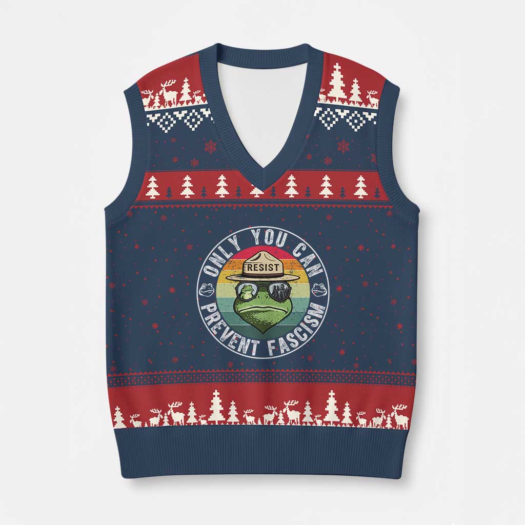 Only You Can Prevent Fascism Frog Resist Protest V-Neck Knit Sweater Vest Free Portland Oregon Freedom Retro TS02 Navy Red Print Your Wear