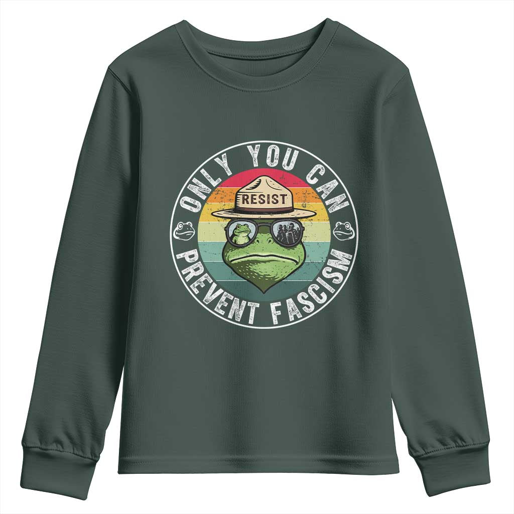 Only You Can Prevent Fascism Frog Resist Protest Youth Sweatshirt Free Portland Oregon Freedom Retro TS02 Dark Forest Green Print Your Wear