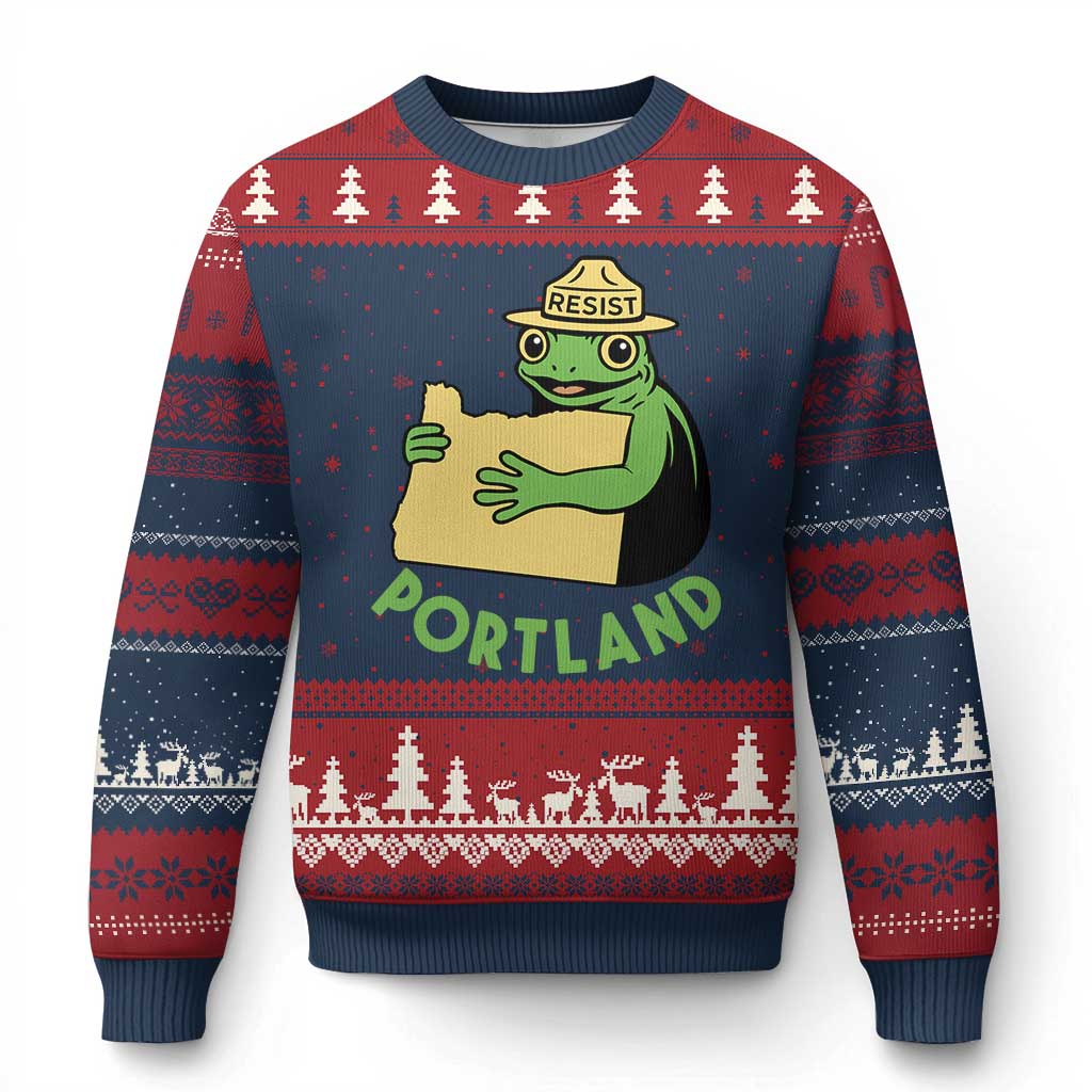 Portland Frog Resist Ugly Christmas Sweater Oregon Map Vintage Graphic TS02 Navy Red Print Your Wear