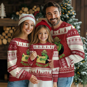 Portland Frog Resist Ugly Christmas Sweater Oregon Map Vintage Graphic - Print Your Wear