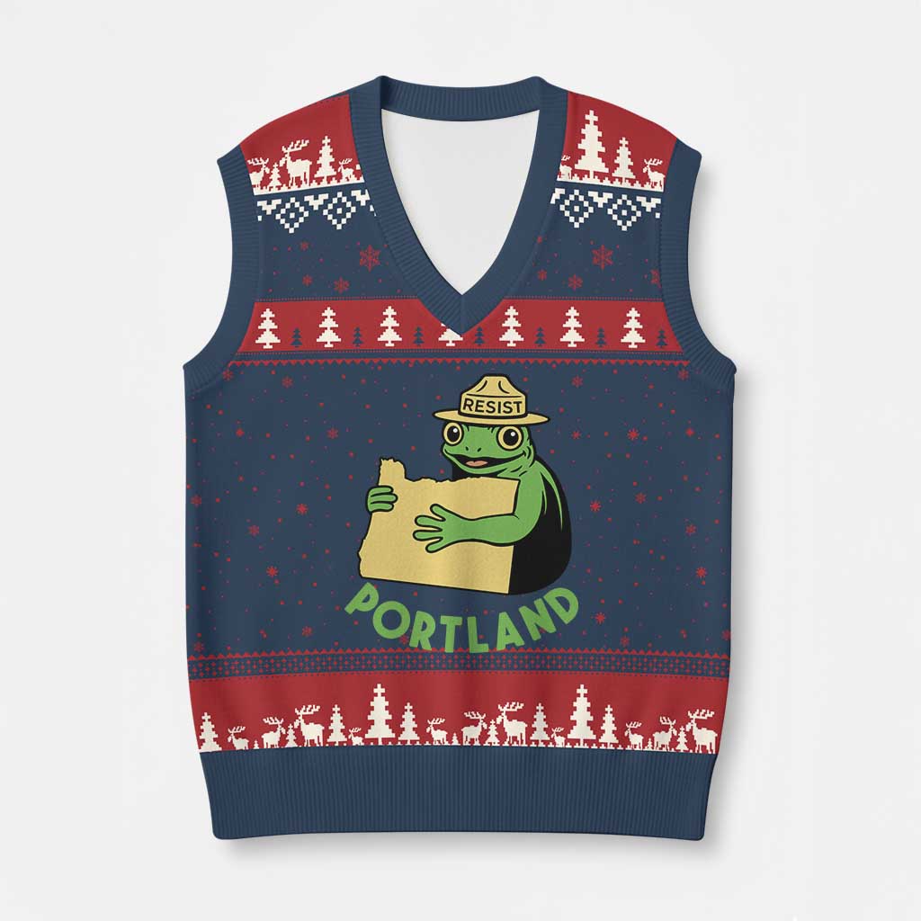 Portland Frog Resist V-Neck Knit Sweater Vest Oregon Map Vintage Graphic - Print Your Wear