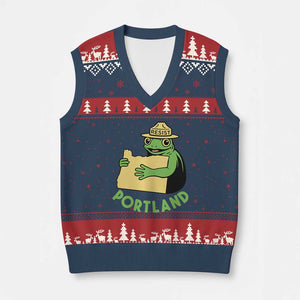 Portland Frog Resist V-Neck Knit Sweater Vest Oregon Map Vintage Graphic - Print Your Wear