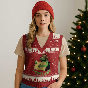 Portland Frog Resist V-Neck Knit Sweater Vest Oregon Map Vintage Graphic - Print Your Wear