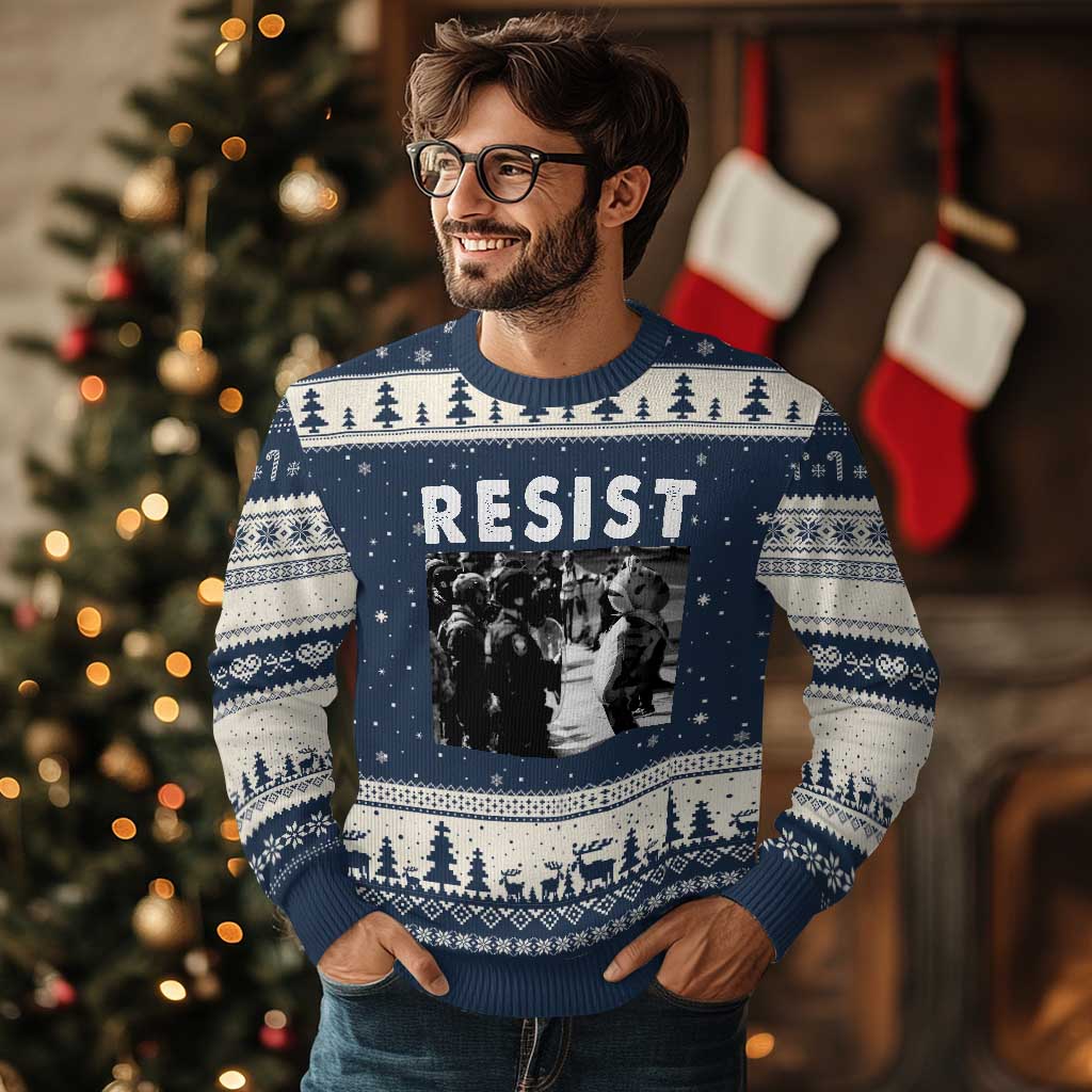 Portland Resist Frog Ugly Christmas Sweater Oregon Iconic Frogs Photo Protest Moment TS02 Navy Beige Print Your Wear