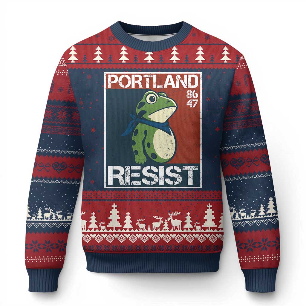 Portland Resist Retro Frog 8647 Ugly Christmas Sweater Political Satire Protest Poster Graphic TS02 Navy Red Print Your Wear