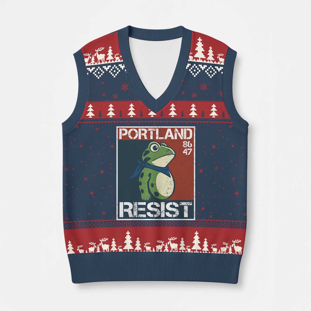 Portland Resist Retro Frog 8647 V-Neck Knit Sweater Vest Political Satire Protest Poster Graphic TS02 Navy Red Print Your Wear