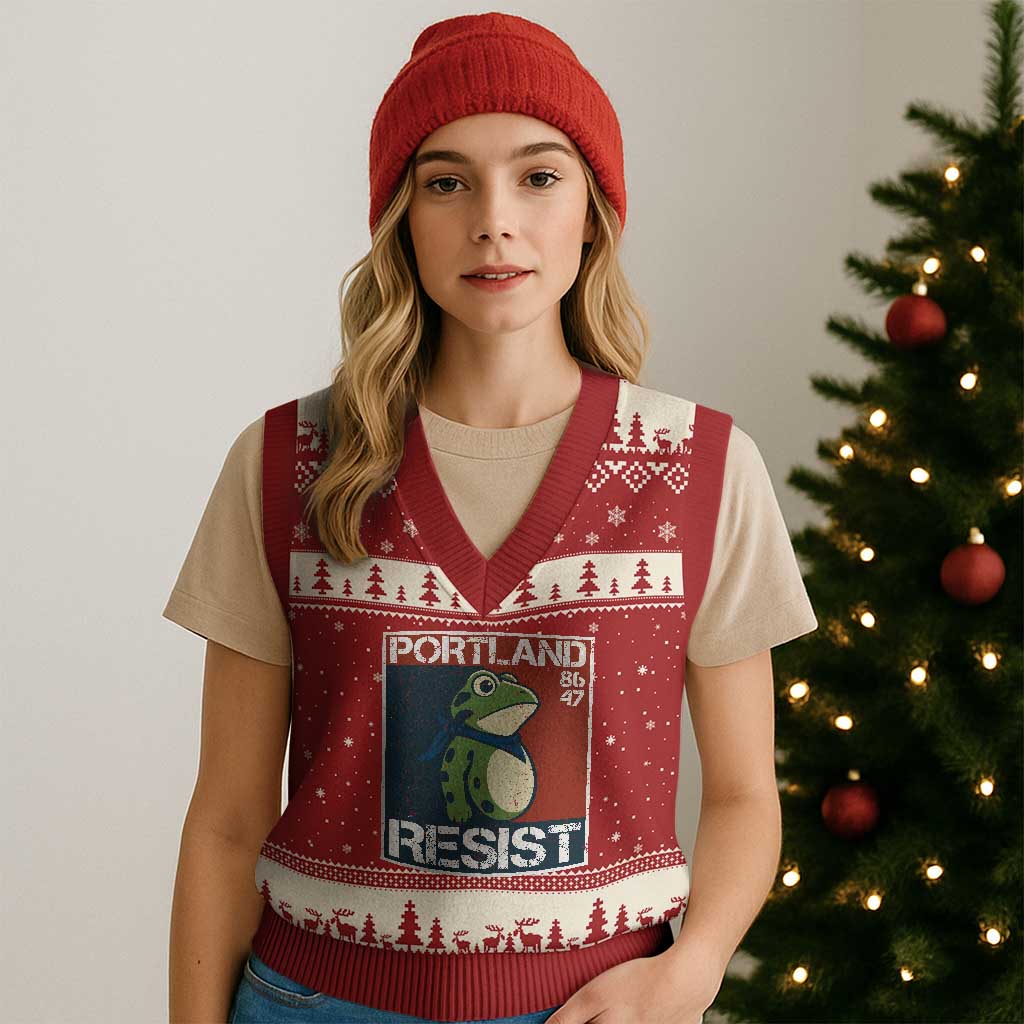 Portland Resist Retro Frog 8647 V-Neck Knit Sweater Vest Political Satire Protest Poster Graphic TS02 Red Beige Print Your Wear