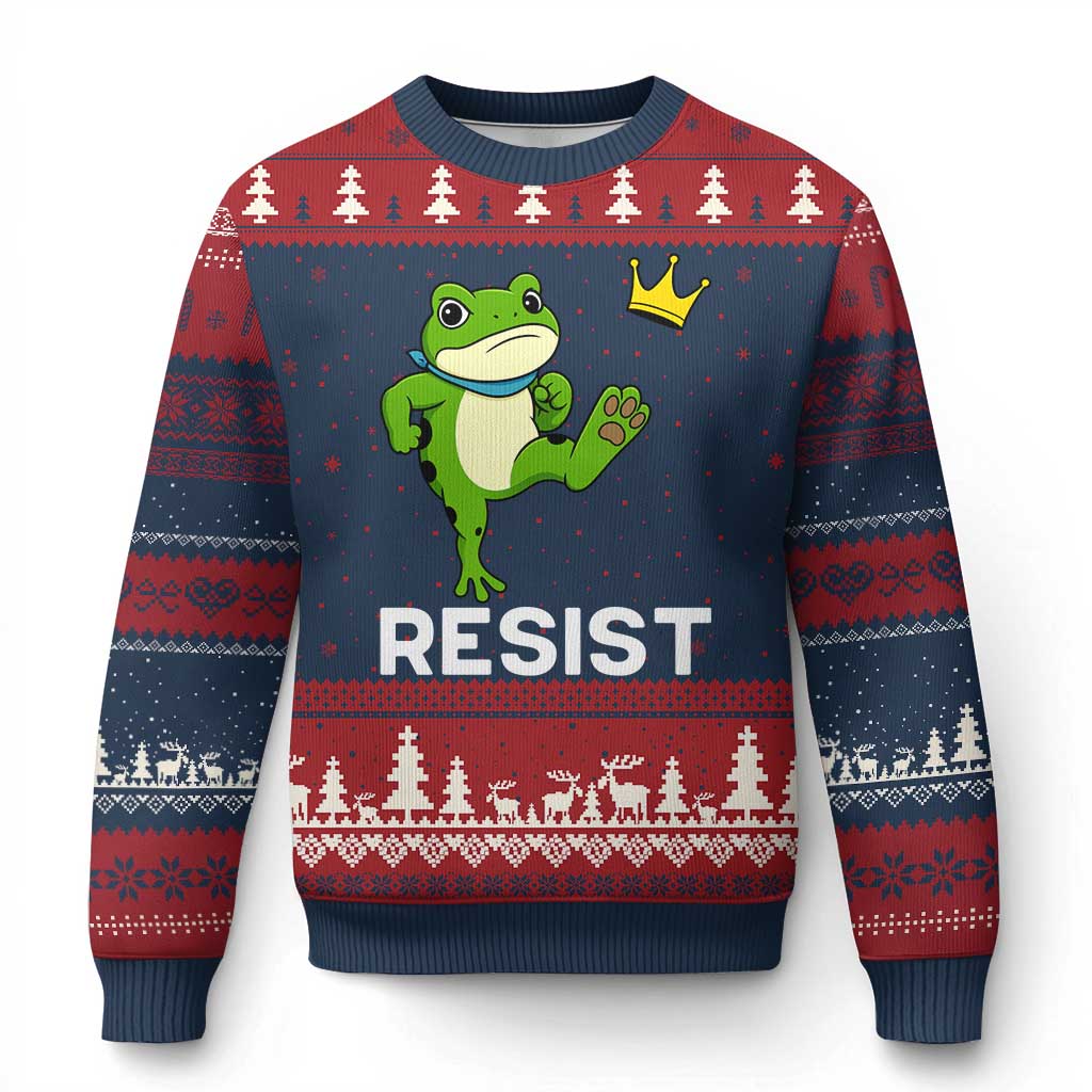 Resist Frog Kicking Crown Ugly Christmas Sweater Funny No Kings In America Free Portland TS02 Navy Red Print Your Wear