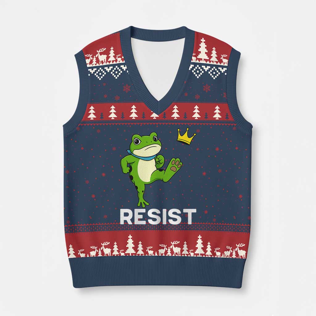 Resist Frog Kicking Crown V-Neck Knit Sweater Vest Funny No Kings In America Free Portland - Print Your Wear