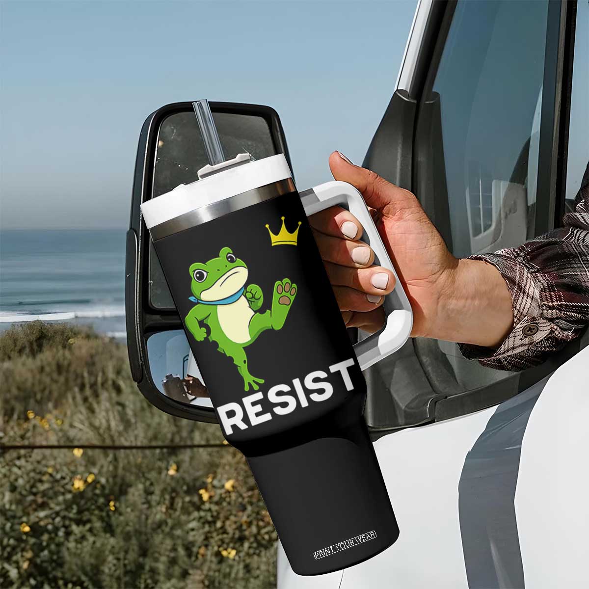 Resist Frog Kicking Crown Tumbler With Handle Funny No Kings In America Free Portland TS02 Print Your Wear