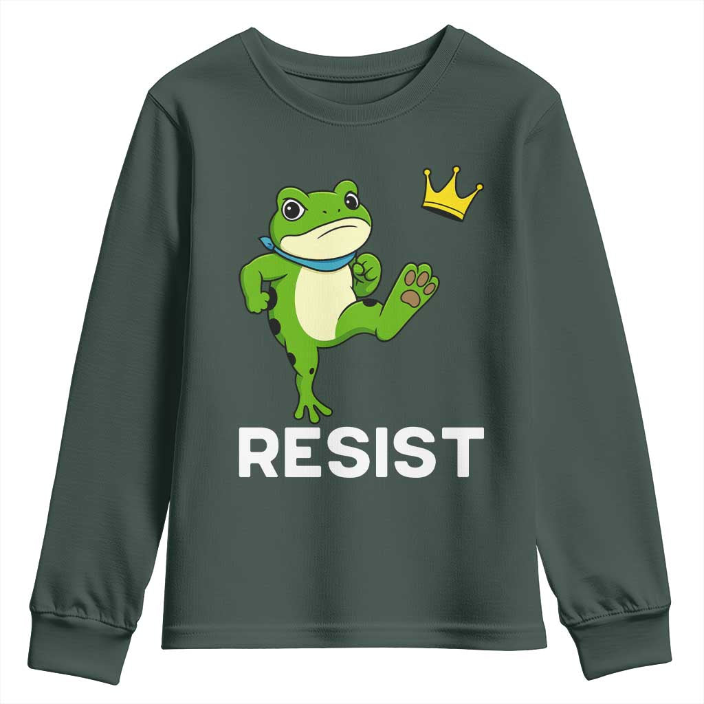 Resist Frog Kicking Crown Youth Sweatshirt Funny No Kings In America Free Portland TS02 Dark Forest Green Print Your Wear