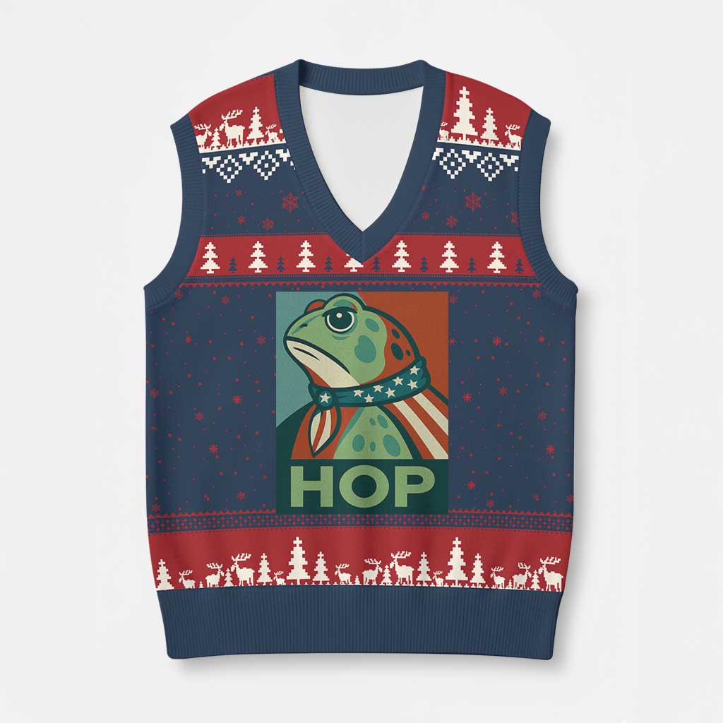 Hop Patriotic Frog V-Neck Knit Sweater Vest Resist Protest Poster Graphic TS02 Navy Red Print Your Wear