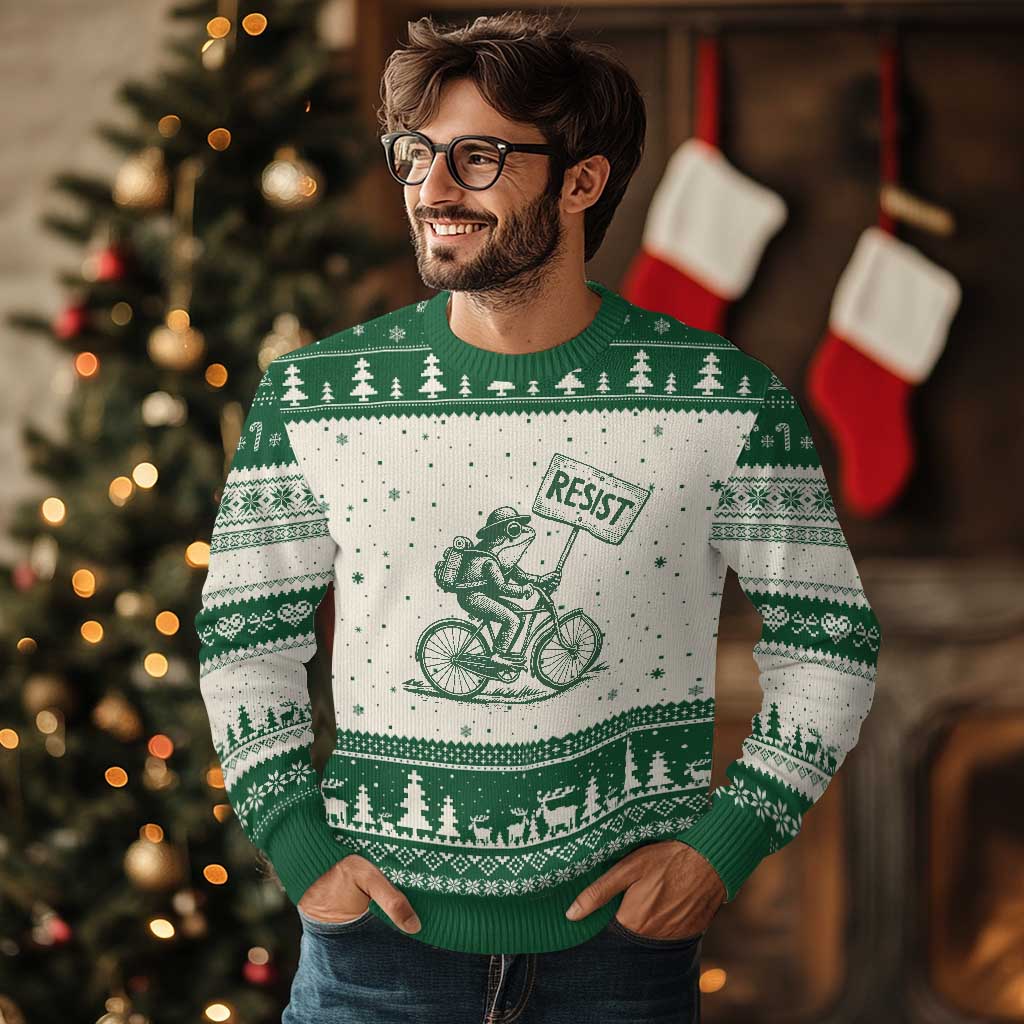 Cycling Protest Frog Ugly Christmas Sweater Resist Free Portland Retro Graphic TS02 Beige Green Print Your Wear