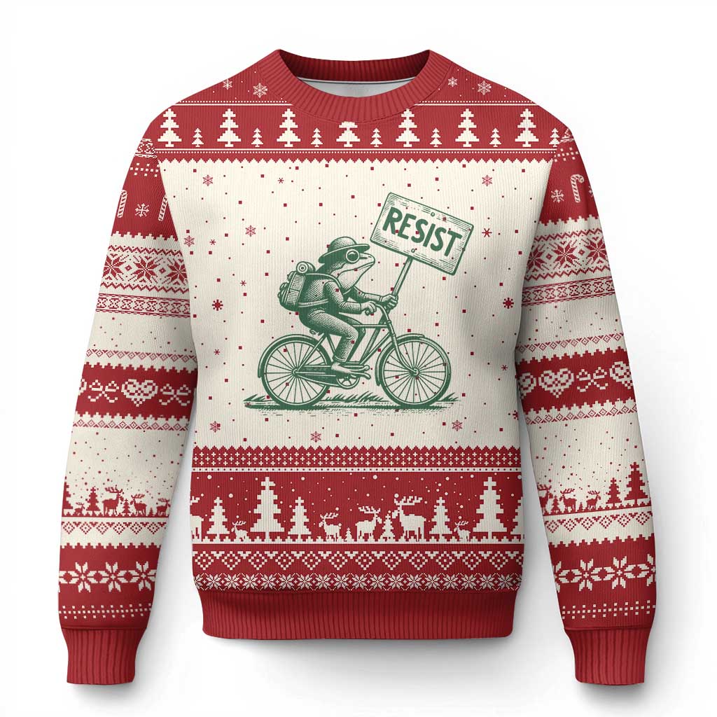 Cycling Protest Frog Ugly Christmas Sweater Resist Free Portland Retro Graphic TS02 Beige Red Print Your Wear