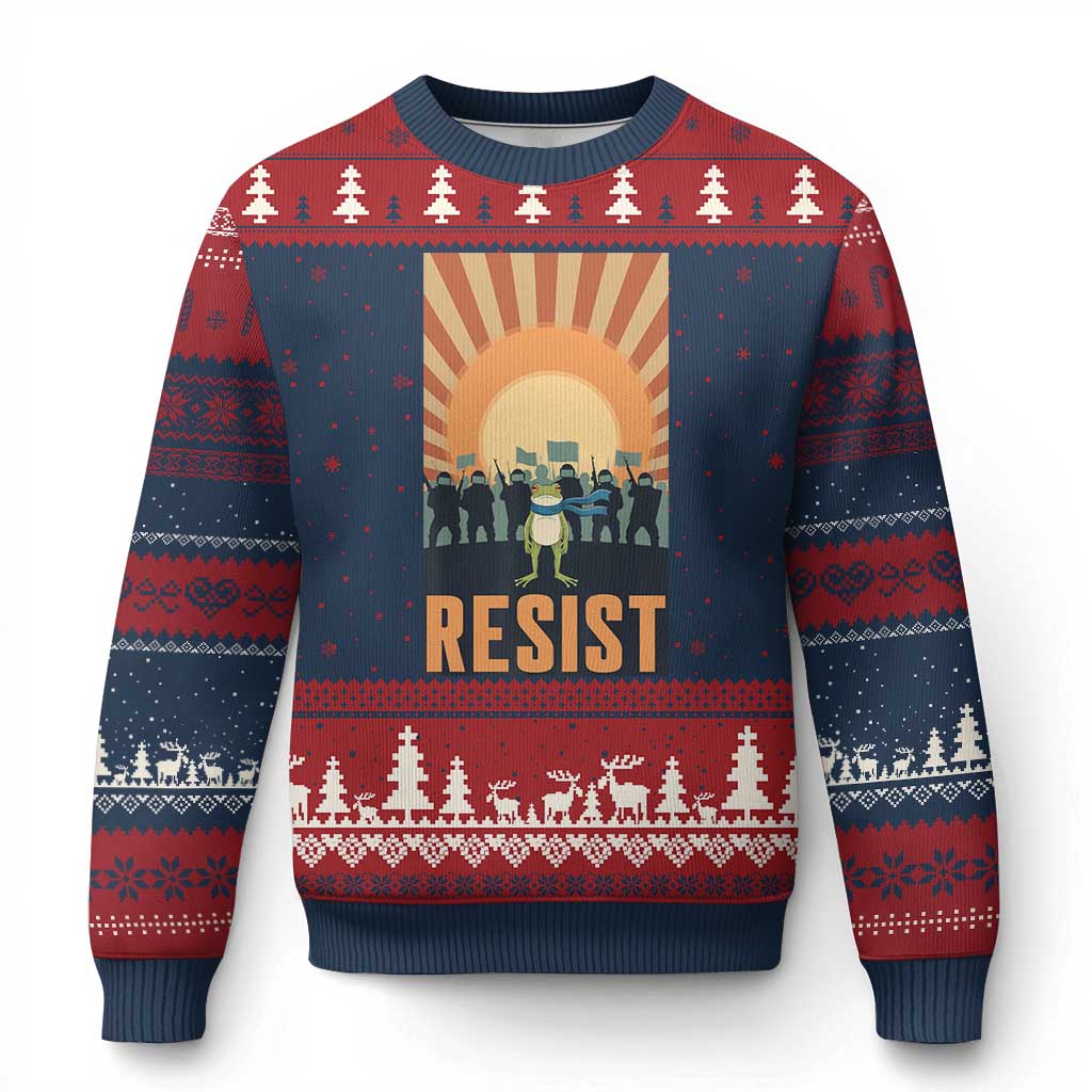Frog Resist Ugly Christmas Sweater Bold Protest Free Portland TS02 Navy Red Print Your Wear