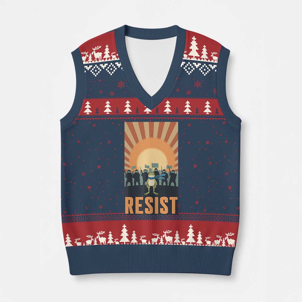Frog Resist V-Neck Knit Sweater Vest Bold Protest Free Portland TS02 Navy Red Print Your Wear