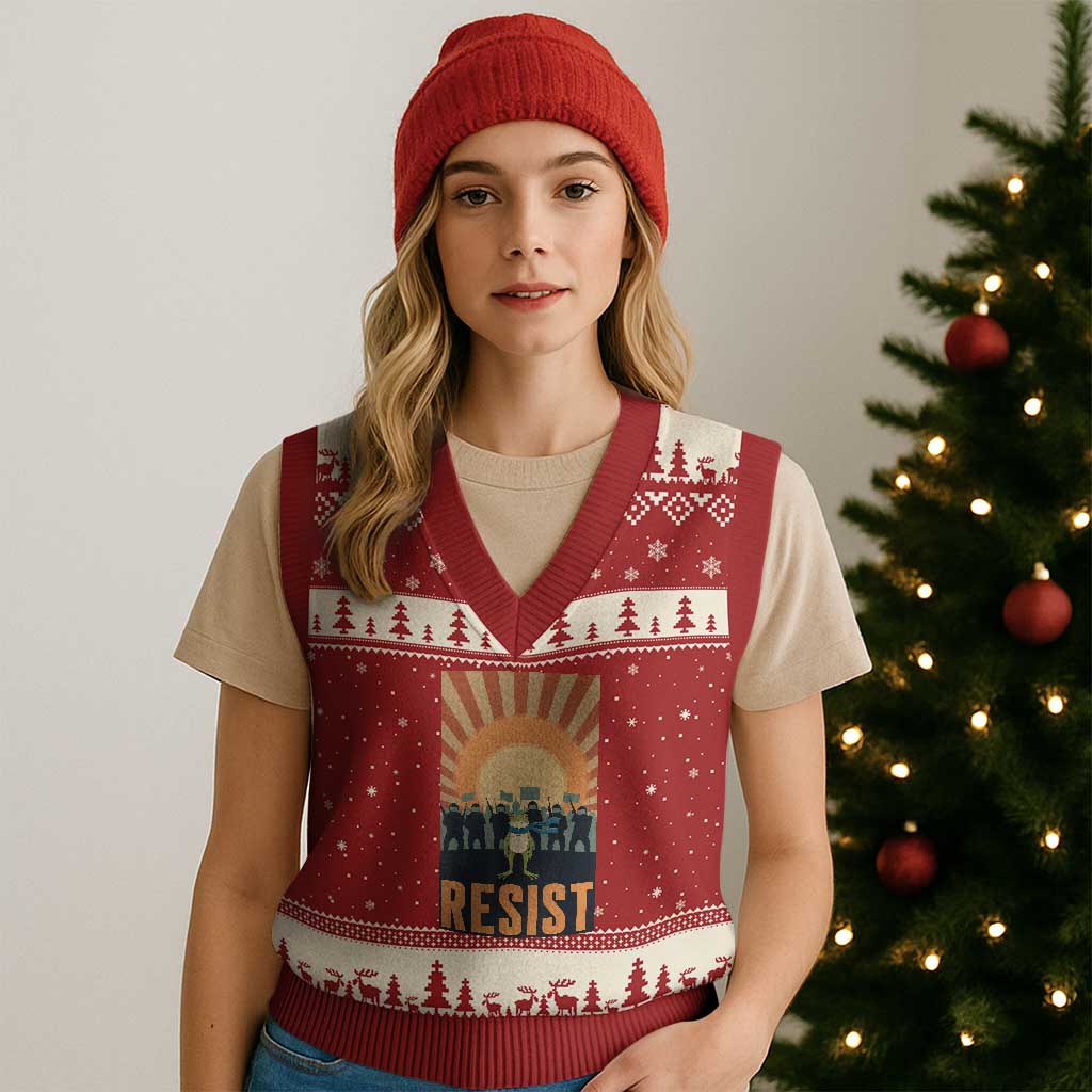 Frog Resist V-Neck Knit Sweater Vest Bold Protest Free Portland TS02 Red Beige Print Your Wear