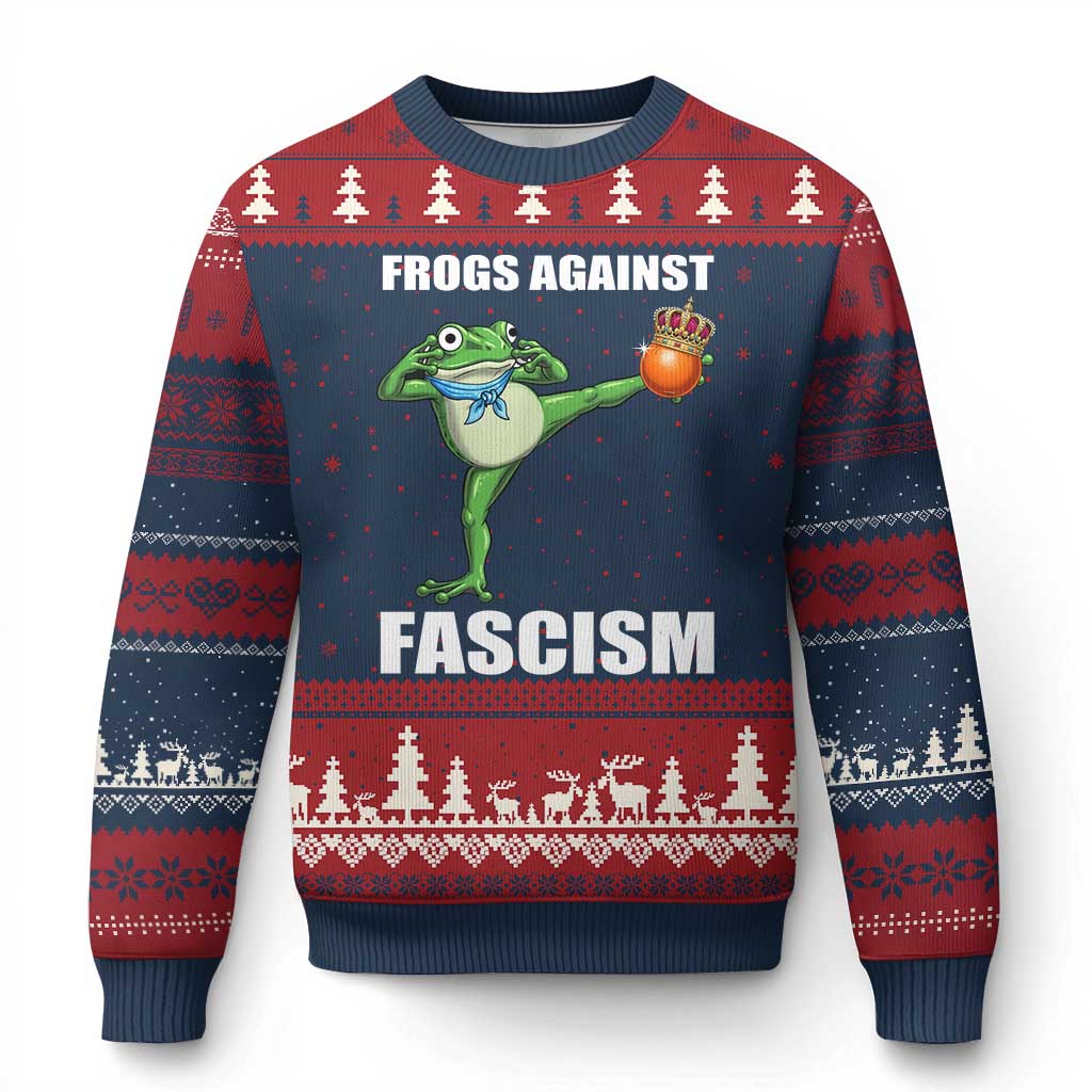 Frogs Against Fascism Ugly Christmas Sweater No Fascist No Kings Funny Portland Frog Protest TS02 Navy Red Print Your Wear