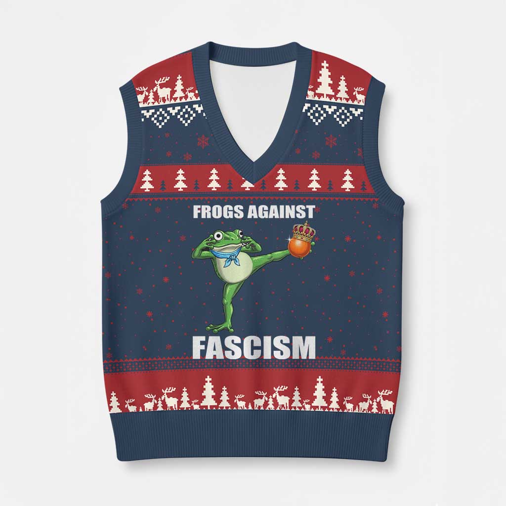 Frogs Against Fascism V-Neck Knit Sweater Vest No Fascist No Kings Funny Portland Frog Protest TS02 Navy Red Print Your Wear