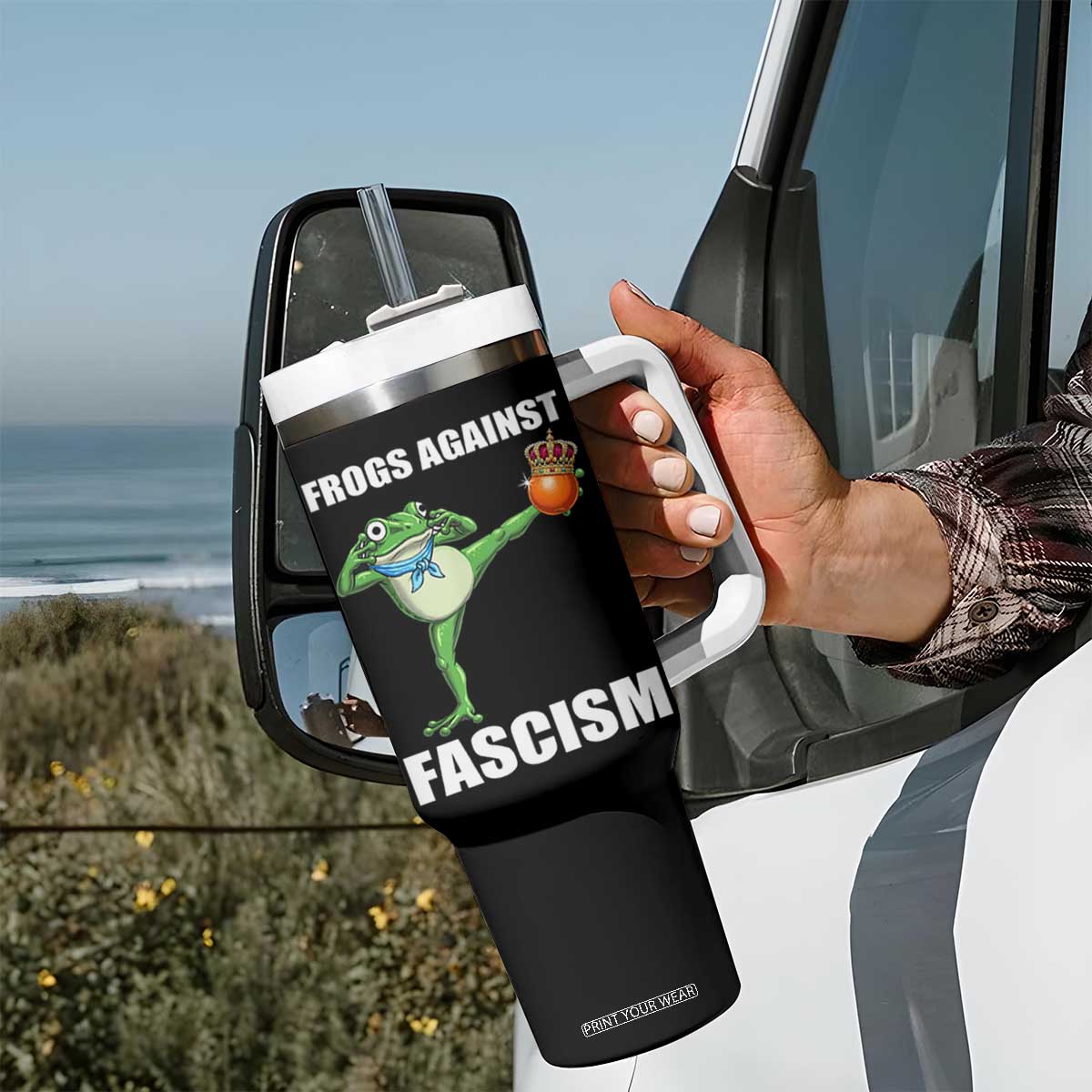 Frogs Against Fascism Tumbler With Handle No Fascist No Kings Funny Portland Frog Protest TS02 Print Your Wear