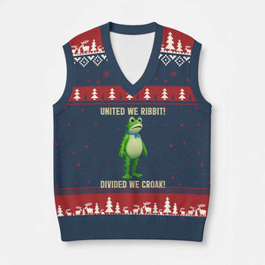 United We Ribbit Frog Protest V-Neck Knit Sweater Vest Divided We Croak Free Portland Resist 2025 TS02 Navy Red Print Your Wear