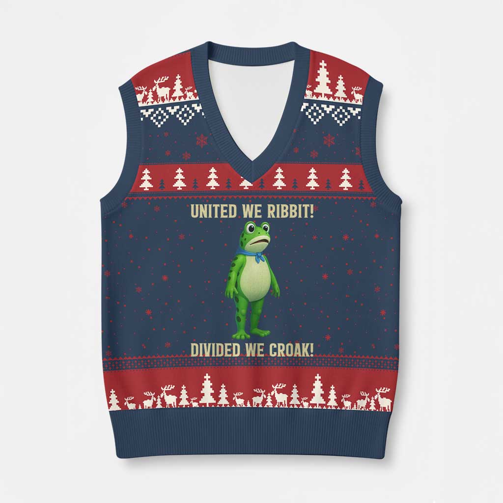 United We Ribbit Frog Protest V-Neck Knit Sweater Vest Divided We Croak Free Portland Resist 2025 TS02 Navy Red Print Your Wear