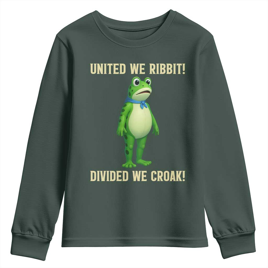 United We Ribbit Frog Protest Youth Sweatshirt Divided We Croak Free Portland Resist 2025 TS02 Dark Forest Green Print Your Wear