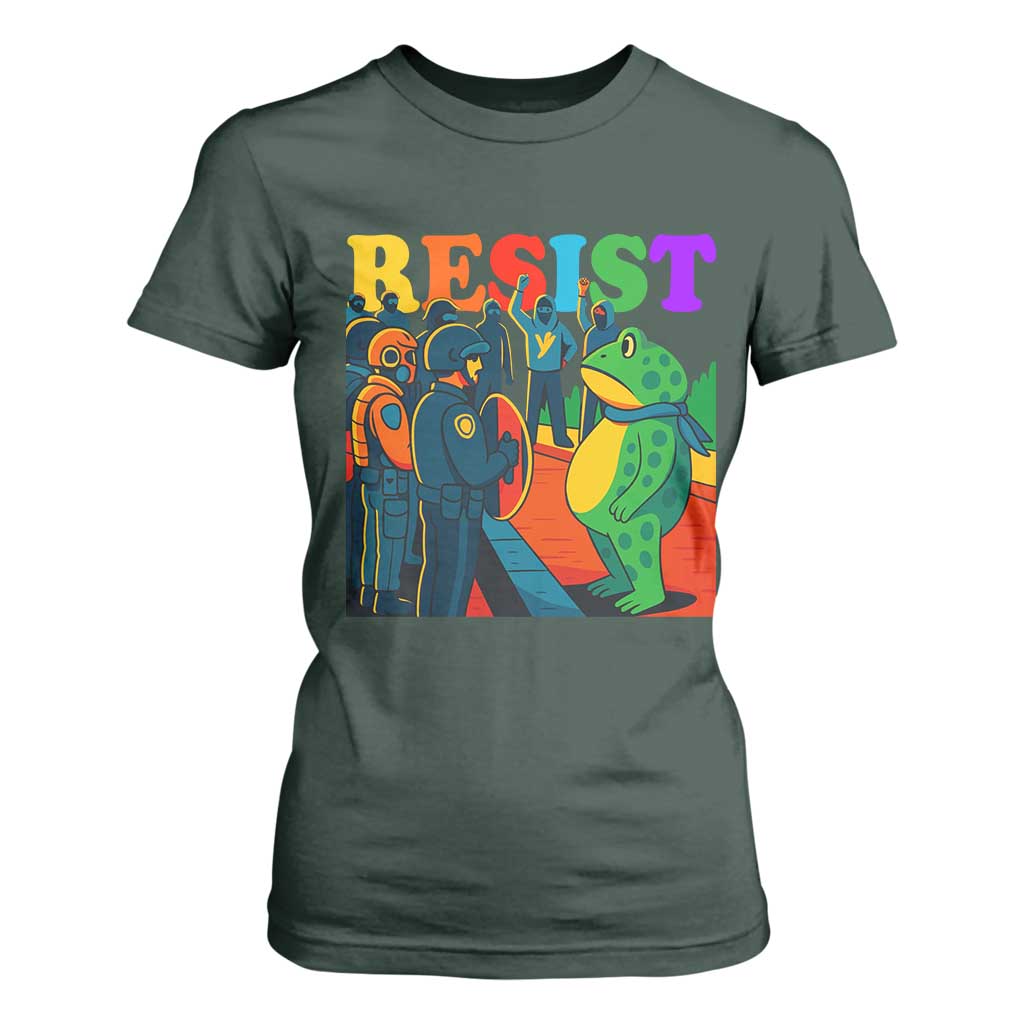 Rainbow Street Protest Frog T Shirt For Women Resist LGBTQ+ Solidarity TS02 Dark Forest Green Print Your Wear