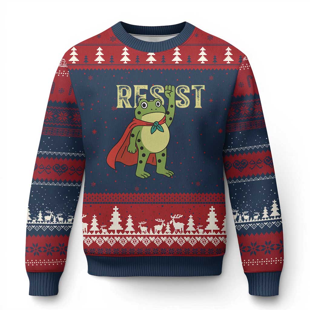 Resist Super Frog Ugly Christmas Sweater Free Portland Political Satire Retro Graphic TS02 Navy Red Print Your Wear