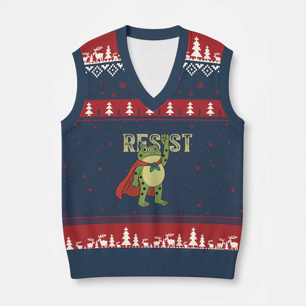Resist Super Frog V-Neck Knit Sweater Vest Free Portland Political Satire Retro Graphic - Print Your Wear