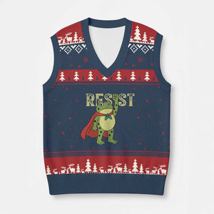 Resist Super Frog V-Neck Knit Sweater Vest Free Portland Political Satire Retro Graphic - Print Your Wear