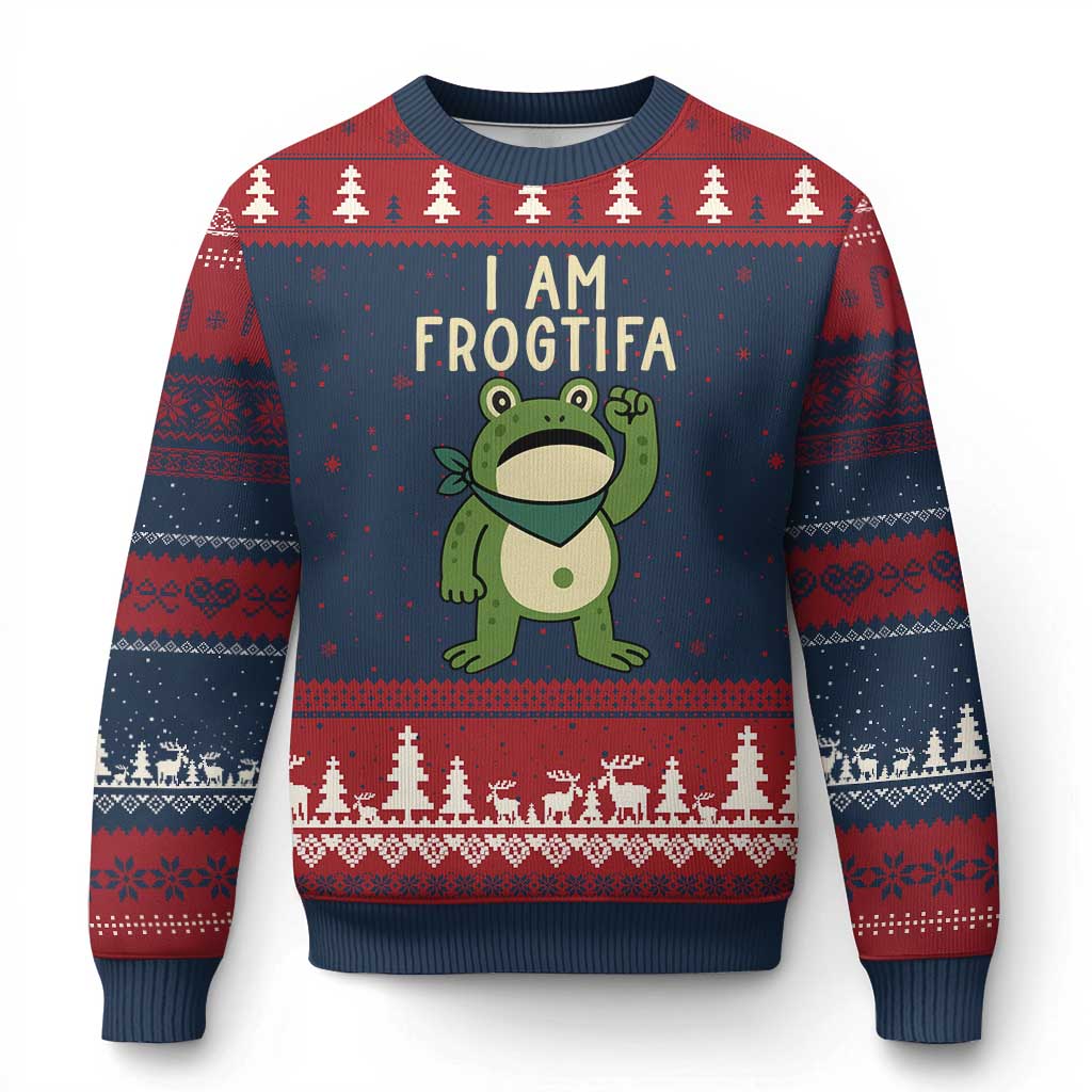 I Am Frogtifa Ugly Christmas Sweater Frog Resist Antifascist with Raised Fist Bandana TS02 Navy Red Print Your Wear