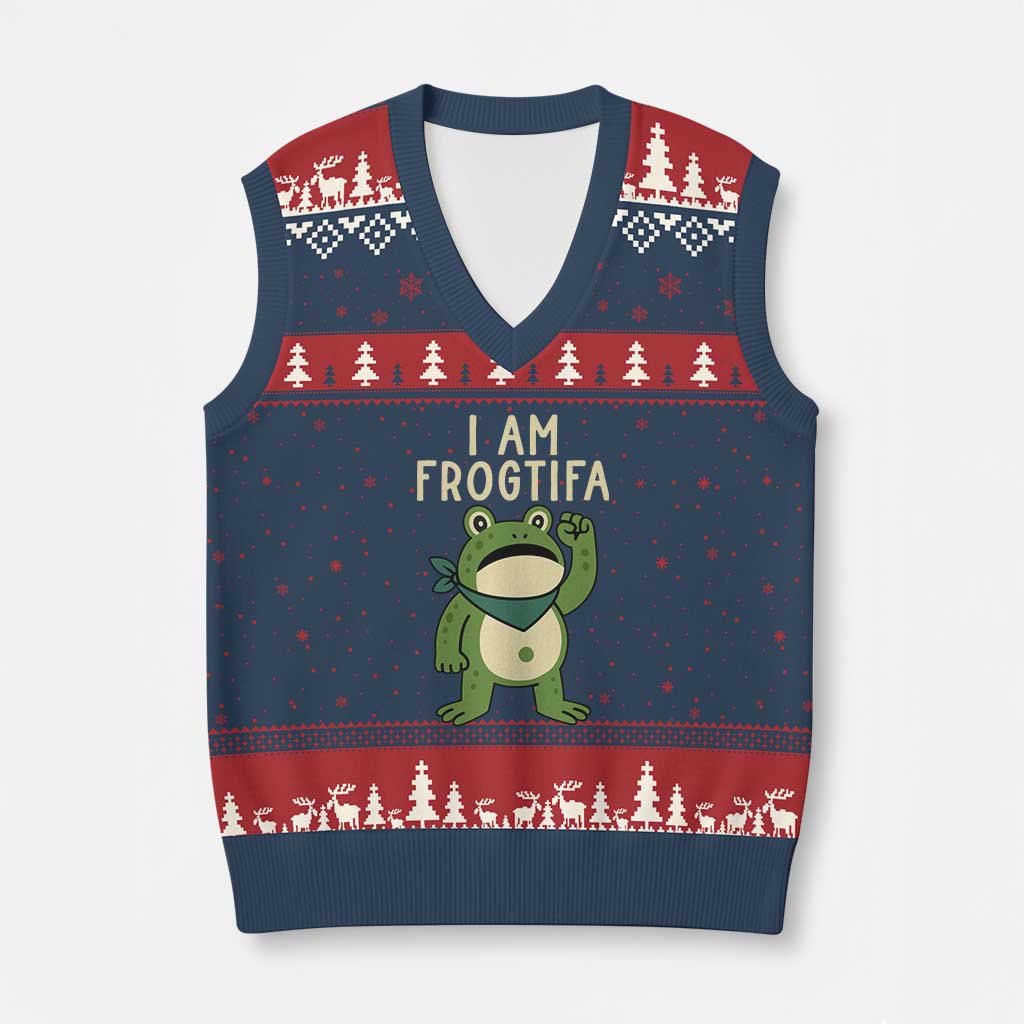 I Am Frogtifa V-Neck Knit Sweater Vest Frog Resist Antifascist with Raised Fist Bandana - Print Your Wear