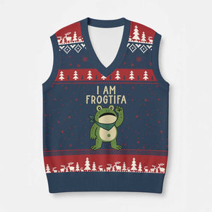 I Am Frogtifa V-Neck Knit Sweater Vest Frog Resist Antifascist with Raised Fist Bandana - Print Your Wear