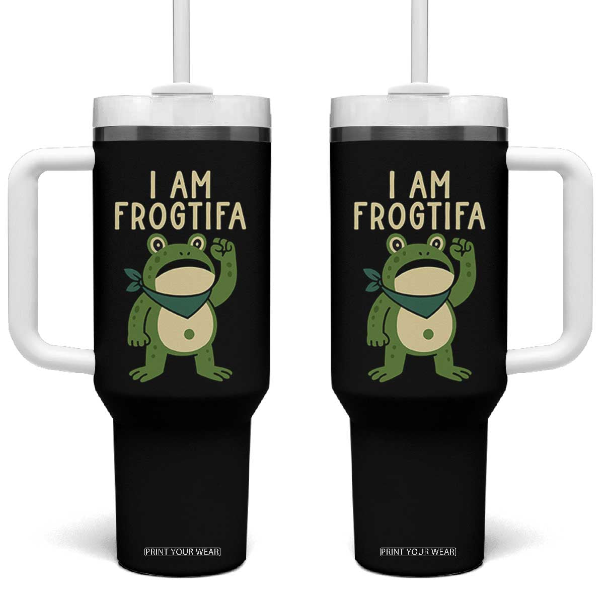 I Am Frogtifa Tumbler With Handle Frog Resist Antifascist with Raised Fist Bandana TS02 One Size: 40 oz Black Print Your Wear