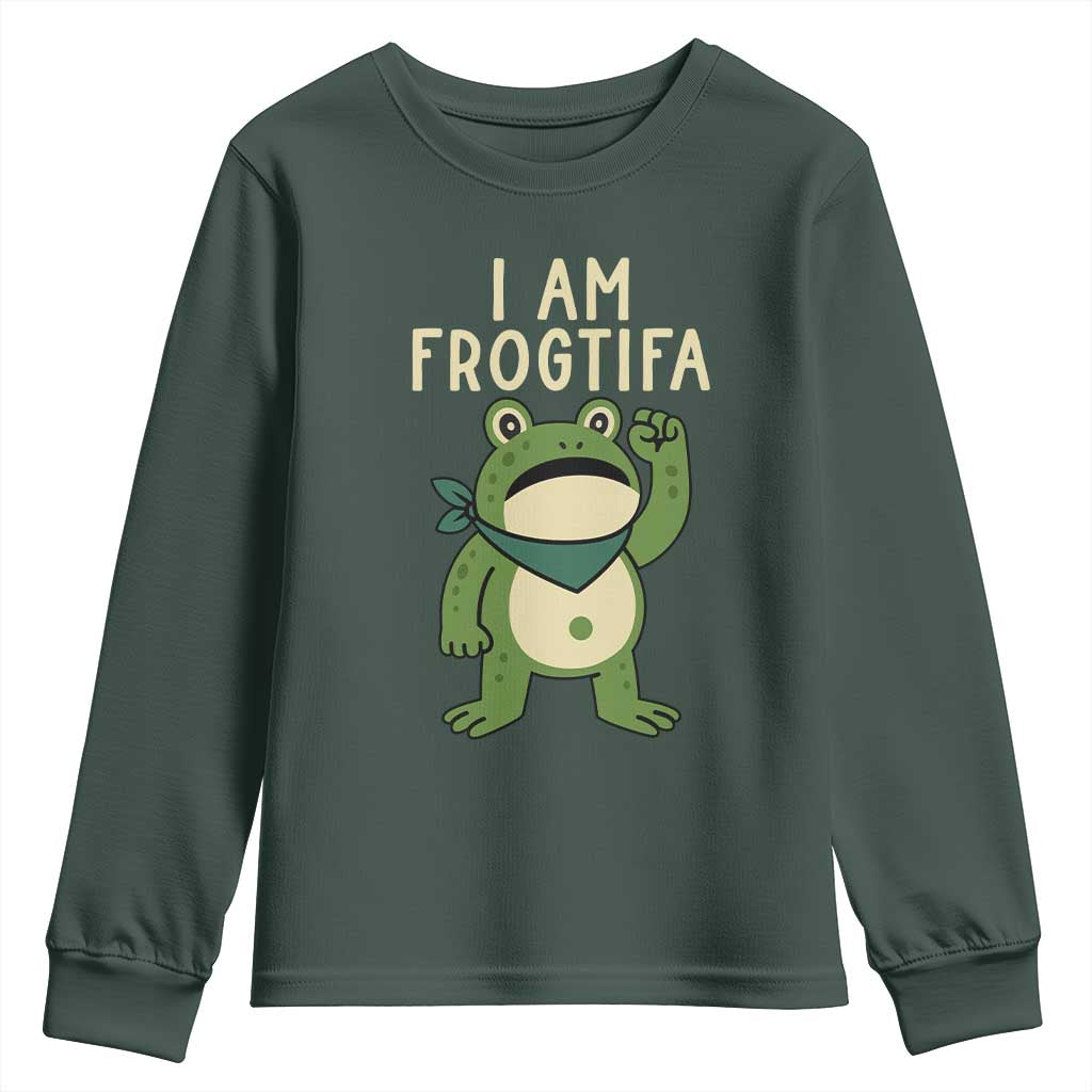 I Am Frogtifa Youth Sweatshirt Frog Resist Antifascist with Raised Fist Bandana TS02 Dark Forest Green Print Your Wear