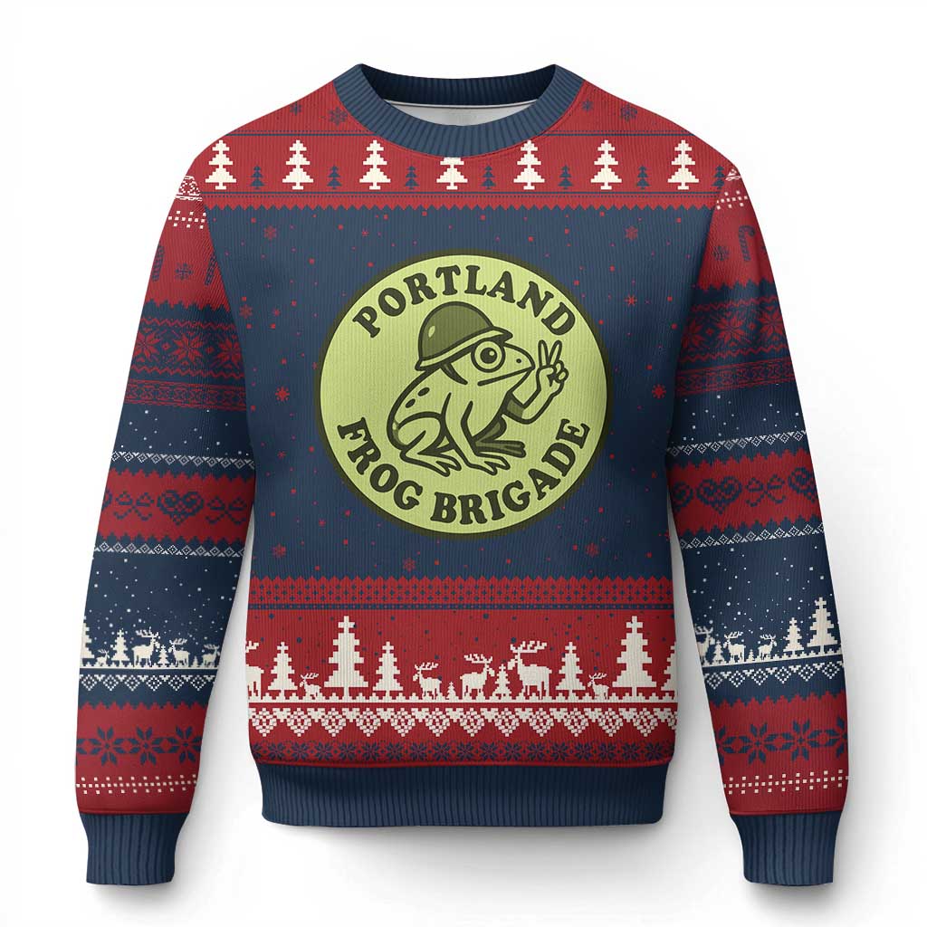 Portland Frog Brigade Ugly Christmas Sweater Peace Frog Protest Badge TS02 Navy Red Print Your Wear